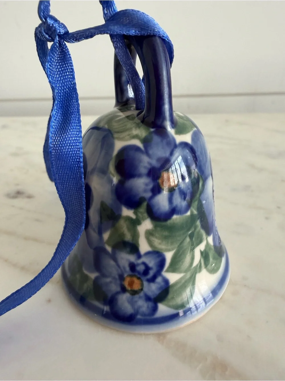 Polish Stoneware Bell Ornament Boleslawiec Blue & White Pansy Design